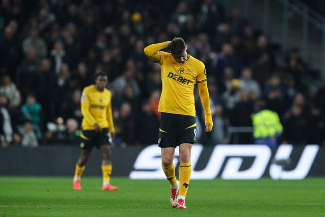 JÃ¶rgen Strand Larsen of Wolverhampton Wanderers reacts to his side conceding a goal to make it 0-1 during the Premier League match Wolverhampton Wanderers vs Everton at Molineux, Wolverhampton, United Kingdom, 8th March 2025

(Photo by Gareth Evans/News Images)