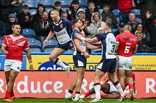 Matty Ashton of England celebrates his try during the Rugby League International match England vs Tonga at John Smith's Stadium, Huddersfield, United Kingdom, 28th October 2023

(Photo by Craig Thomas/News Images)