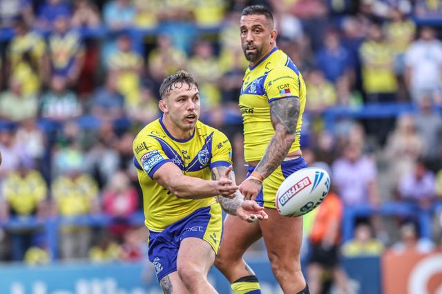 Sam Powell of Warrington Wolves passes the ball during the Betfred Super League round 16 match Warrington Wolves vs Hull FC at Halliwell Jones Stadium, Warrington, United Kingdom, 28th June 2025

(Photo by Alfie Cosgrove/News Images)
