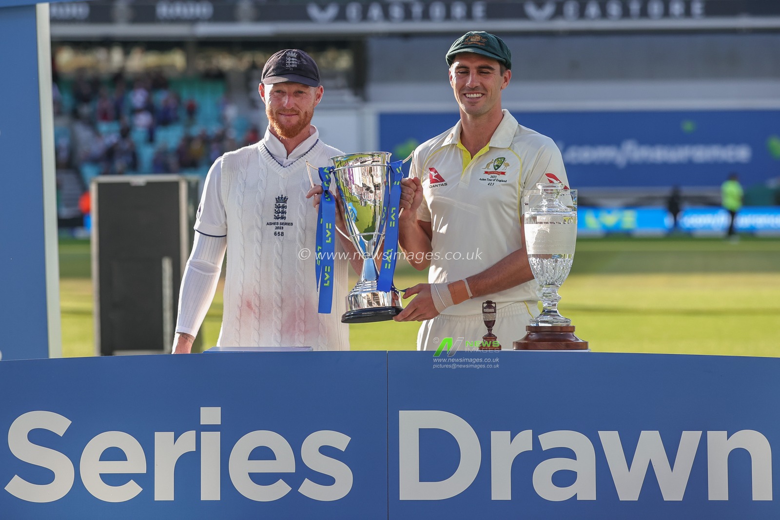 Ben Stokes of England and Pat Cummings of Australia series draw trophy lift during the LV= Insurance Ashes Fifth Test Series Day Five England v Australia at The Kia Oval, London, United Kingdom, 31st July 2023

(Photo by Mark Cosgrove/News Images)