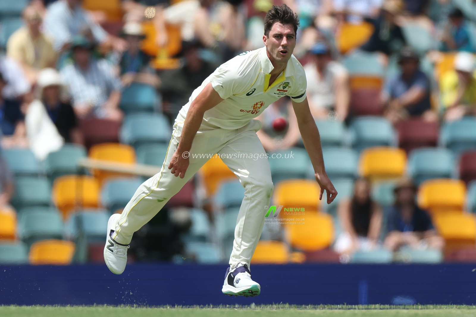 Pat Cummins of Australia bowls during the NRMA Insurance test Series match Australia vs South Africa at The Gabba, Brisbane Cricket Ground, Brisbane, Australia, 17th December 2022

(Photo by Patrick Hoelscher/News Images)