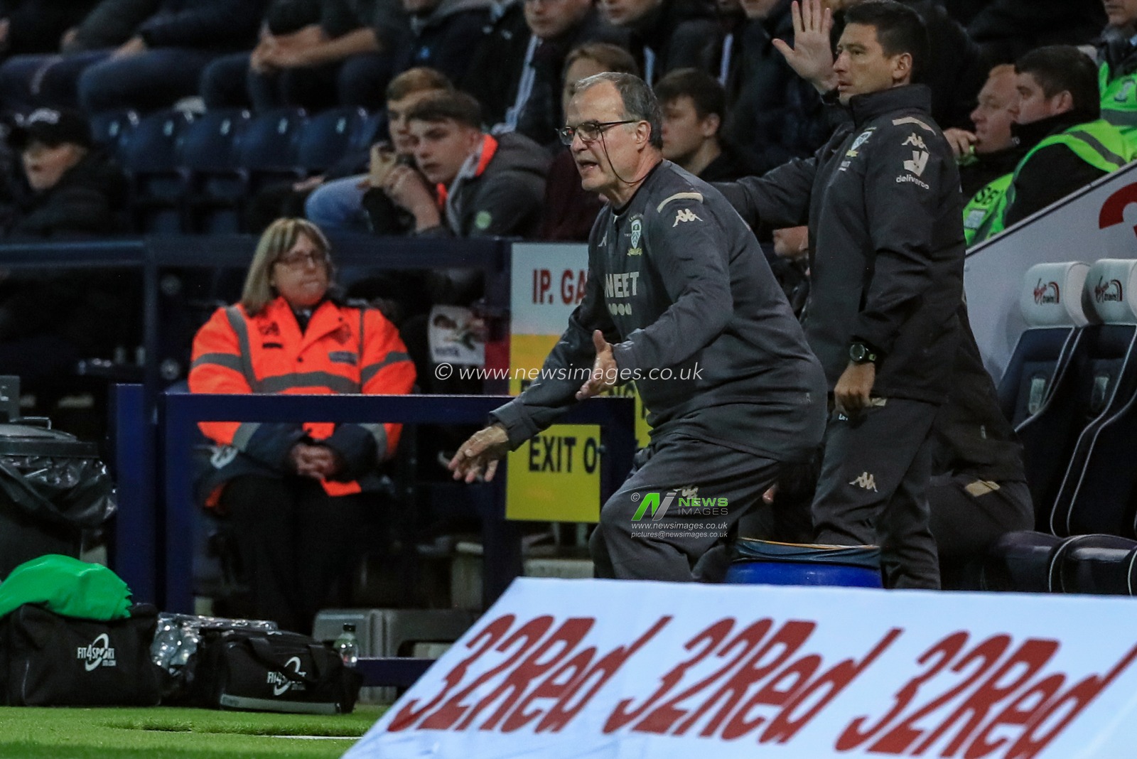 22nd October 2019, Deepdale, Preston, England; Sky Bet Championship, Preston North End v Leeds United : Marcelo Bielsa manager of Leeds United reacts after referee Kevin Friend gives Preston a free-kick

Credit: Mark Cosgrove/News Images