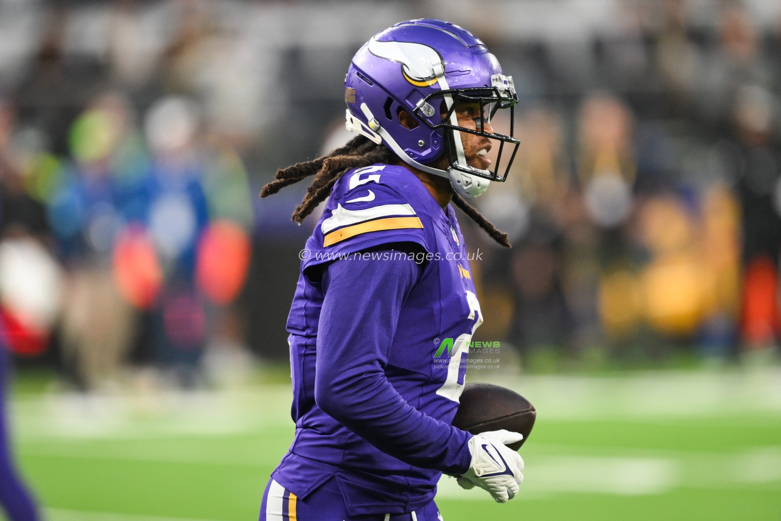 Stephon Gilmore of the Minnesota Vikings leaves the field after intercepting Aaron Rodgers of the New York Jets during the Week 5 match New York Jets vs Minnesota Vikings at Tottenham Hotspur Stadium, London, United Kingdom, 6th October 2024

(Photo by Craig Thomas/News Images)