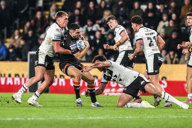 Caleb Aekins of Bradford Bulls is tackled by Yusuf Aydin of Hull FC during the Betfred Super League round 1 match Hull FC vs Bradford Bulls at MKM Stadium, Hull, United Kingdom on 14 February 2026

(Photo by Alfie Cosgrove/News Images)