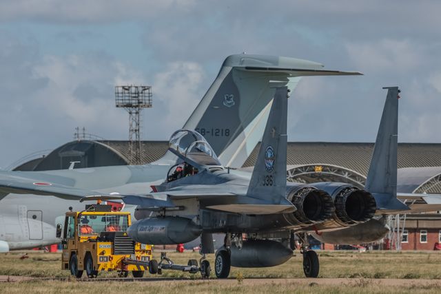 The Japan Air Self-Defense Force McDonnell Douglas F-15’s is taxied across the tarmac as The Japan Air Self-Defense Force (JASDF)
successfully competes the first fighter aircraft deployment to Europe in its 71-year history, as they join the United Kingdom’s Royal Air Force as they arrive at RAF Coningsby as part of the "Atlantic Eagles" mission. This landmark achievement strengthens defence cooperation between the United Kingdom and Japan whilst demonstrating the interconnected nature of global security at RAF Coningsby, Coningsby, United Kingdom, 22nd September 2025

(Photo by Mark Cosgrove/News Images)
