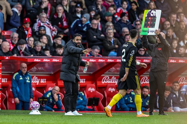 Ruben Amorim manager of Manchester United gives his team instructions during the Premier League match Nottingham Forest vs Manchester United at City Ground, Nottingham, United Kingdom, 1st November 2025

(Photo by Alfie Cosgrove/News Images)

*** GER AUT SUI OUT ***