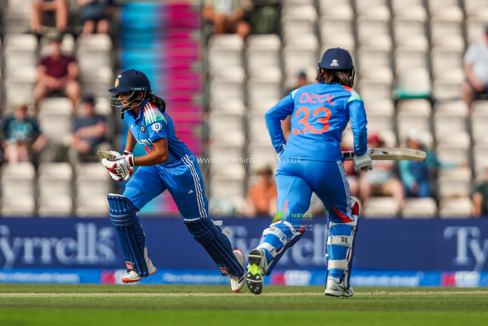 Pratika Rawal and Harleen Deol of India in action during the 1st Metro Bank One Day International match England Women vs India Women at The Utilita Bowl, Southampton, United Kingdom, 16th July 2025

(Photo by Izzy Poles/News Images)