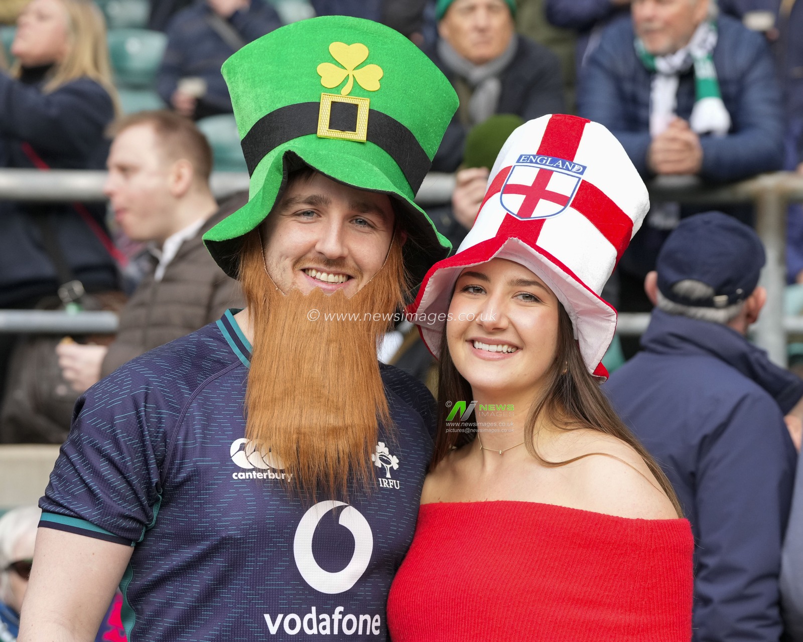 A couple supporting both England and Ireland before the 2024 Guinness 6 Nations match England vs Ireland at Twickenham Stadium, Twickenham, United Kingdom, 9th March 2024

(Photo by Steve Flynn/News Images)