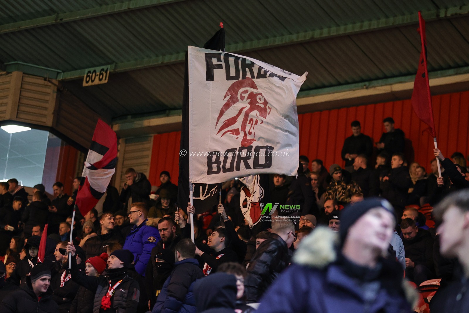 Middlesbrough fans wave flags during the Emirates FA Cup Third Round match Middlesbrough vs Aston Villa at Riverside Stadium, Middlesbrough, United Kingdom, 6th January 2024

(Photo by Mark Cosgrove/News Images)