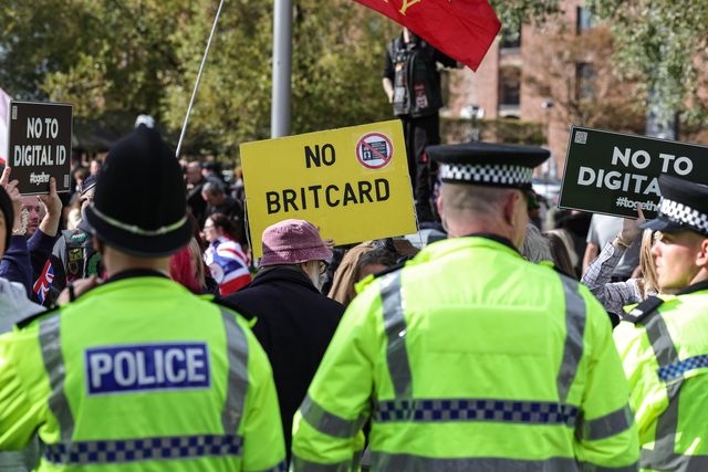 Protesters against the digital ID card gather outside the ACC as Merseyside Police attend during the Labour Party Annual Conference 2025 at The ACC, Liverpool, United Kingdom, 28th September 2025

(Photo by Mark Cosgrove/News Images)