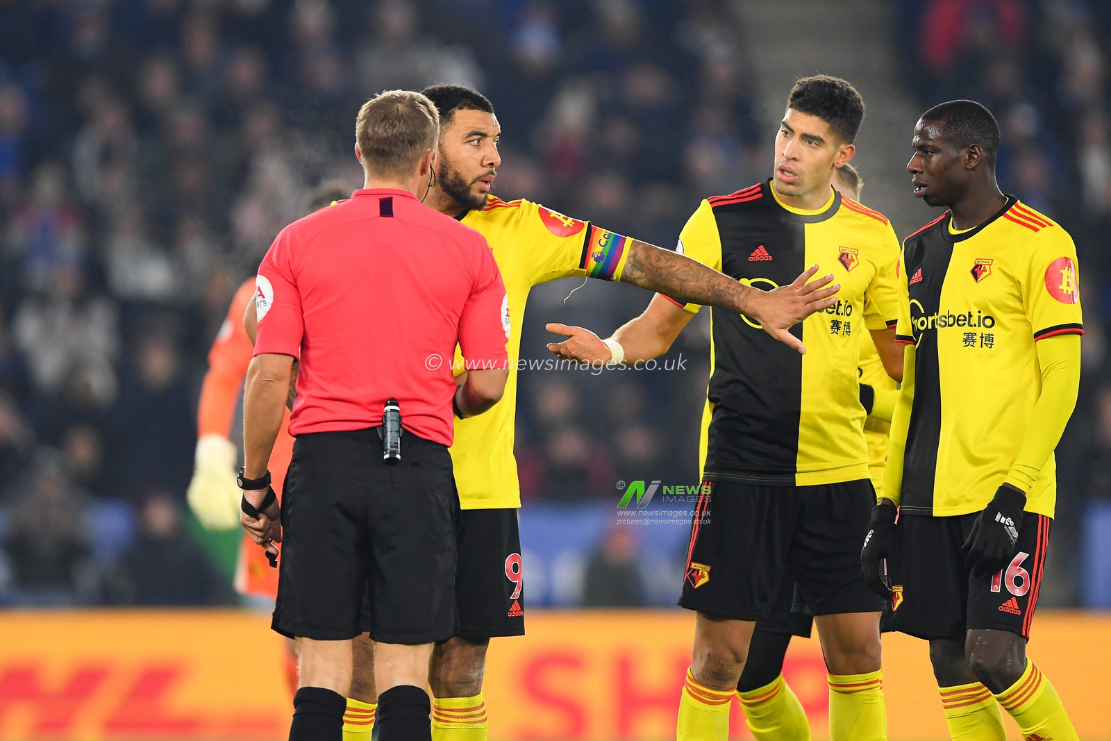 4th December 2019, King Power Stadium, Leicester, England; Premier League, Leicester City v Watford : Troy Deeney (9) of Watford holds his players to back-off

Credit: Jon Hobley/News Images