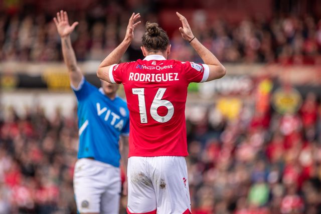 Wrexham's Jay Rodriguez rues a missed chance during the Sky Bet League 1 match Wrexham vs Stockport County at SToK Cae Ras, Wrexham, United Kingdom, 22nd March 2025

(Photo by Nik Mesney/News Images)
