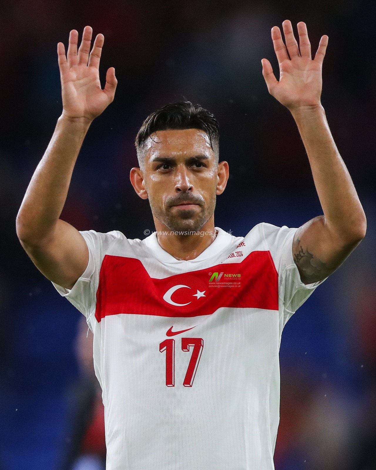 Ä°rfan Kahveci of TÃ¼rkiye waves to the travelling fans after the UEFA Nations League - League B - Group 4 - Wales v Turkey at Cardiff City Stadium, Cardiff, United Kingdom, 6th September 2024

(Photo by Gareth Evans/News Images)
