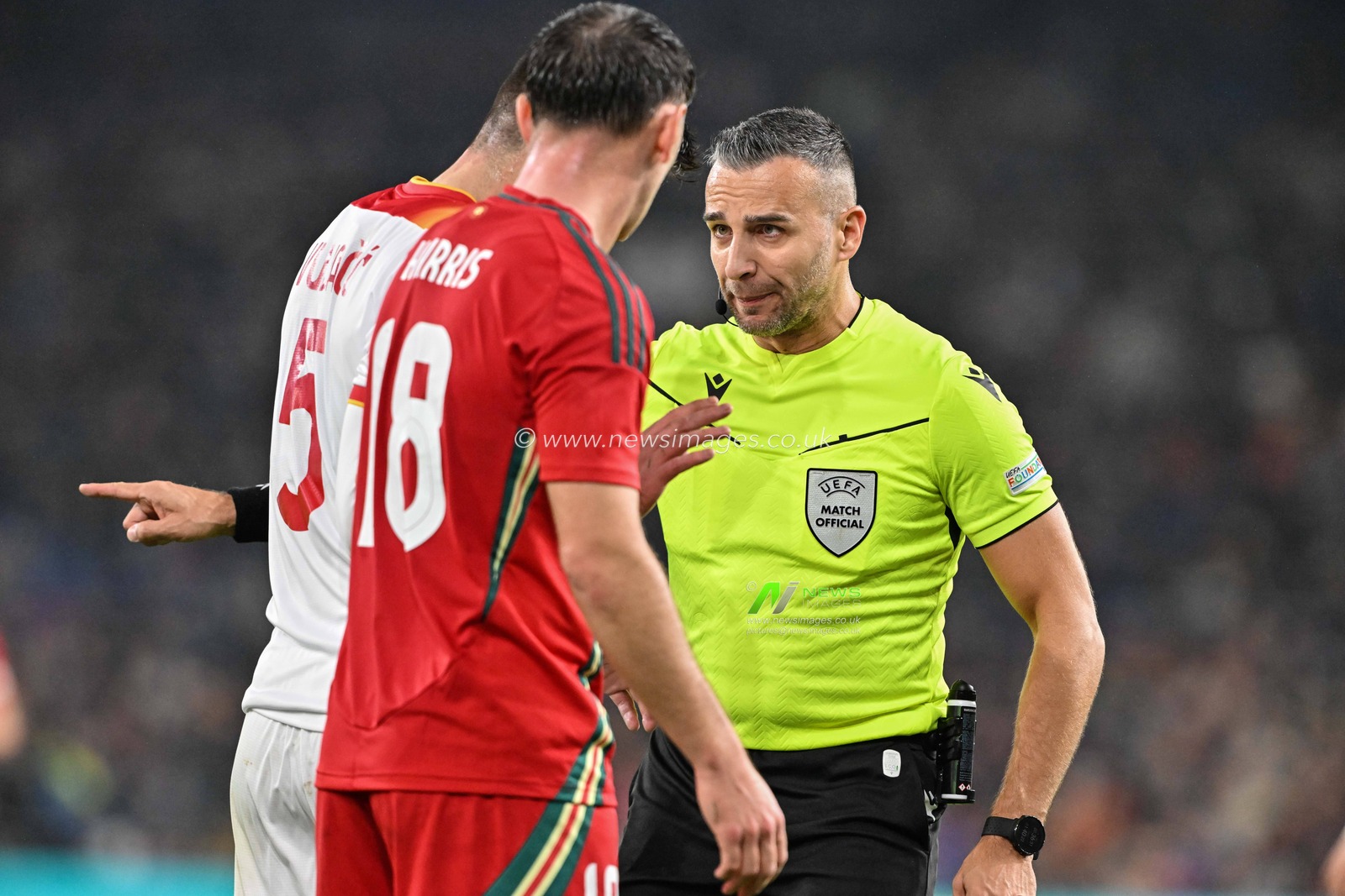Referee Filip Glova gives his team instructions during the UEFA Nations League - League B - Group 4 match Wales vs Montenegro at Cardiff City Stadium, Cardiff, United Kingdom, 14th October 2024

(Photo by Cody Froggatt/News Images)