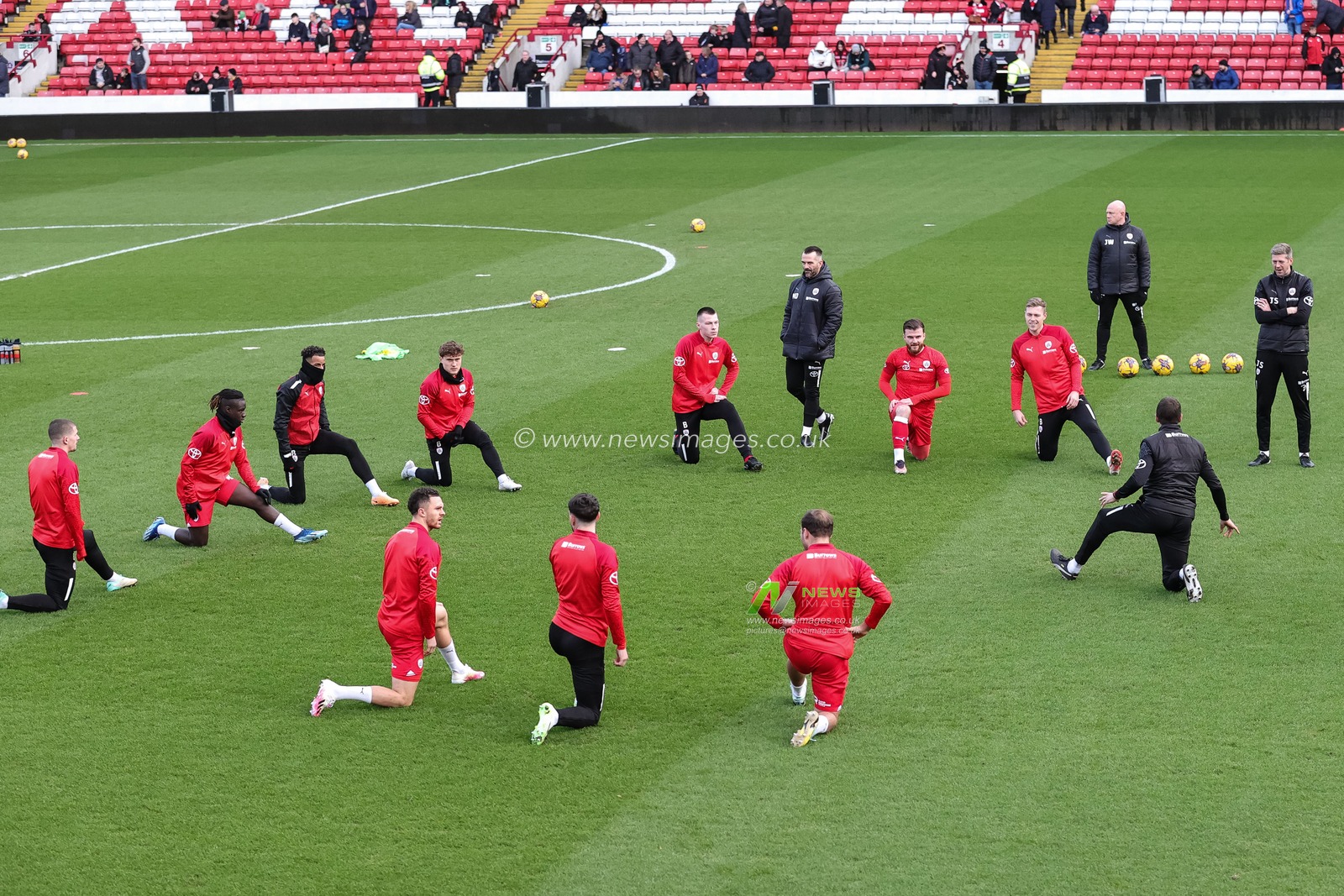 Barnsley FC players warming up during the Sky Bet League 1 match Barnsley vs Wigan Athletic at Oakwell, Barnsley, United Kingdom, 1st January 2024

(Photo by Mark Cosgrove/News Images)