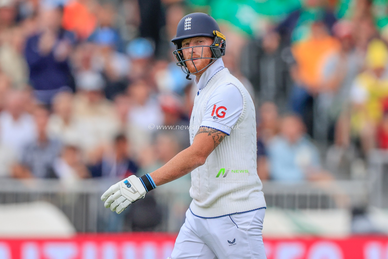 Ben Stokes of England leaves the field after being bowled out by Pat Cummings of Australia during the LV= Insurance Ashes Fourth Test Series Day Three Test Series match England vs Australia at Old Trafford, Manchester, United Kingdom, 21st July 2023

(Photo by Conor Molloy/News Images)