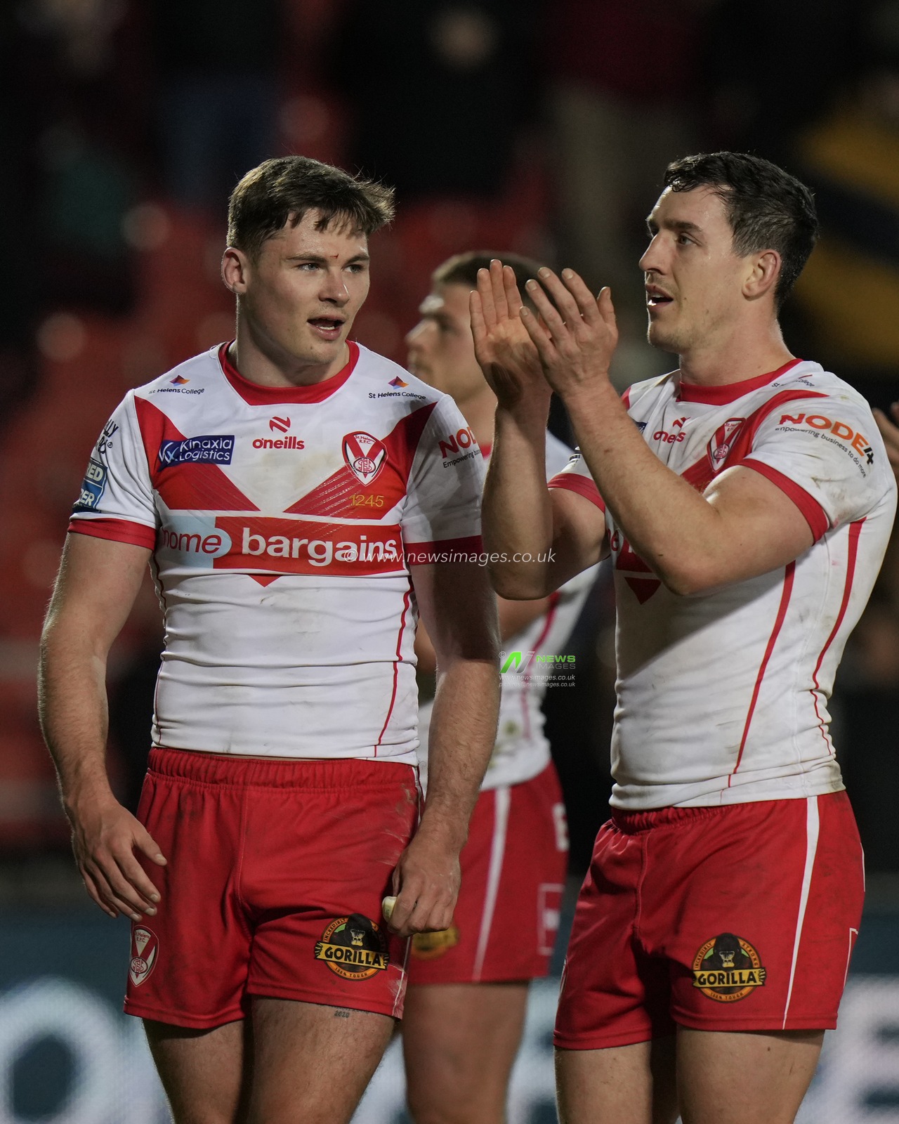 Jack Welsby of St. Helens and Matt Whitley of St. Helens salute the fans after the Betfred Super League  Round 8 match St Helens vs Hull FC at Totally Wicked Stadium, St Helens, United Kingdom, 19th April 2024

(Photo by Steve Flynn/News Images)