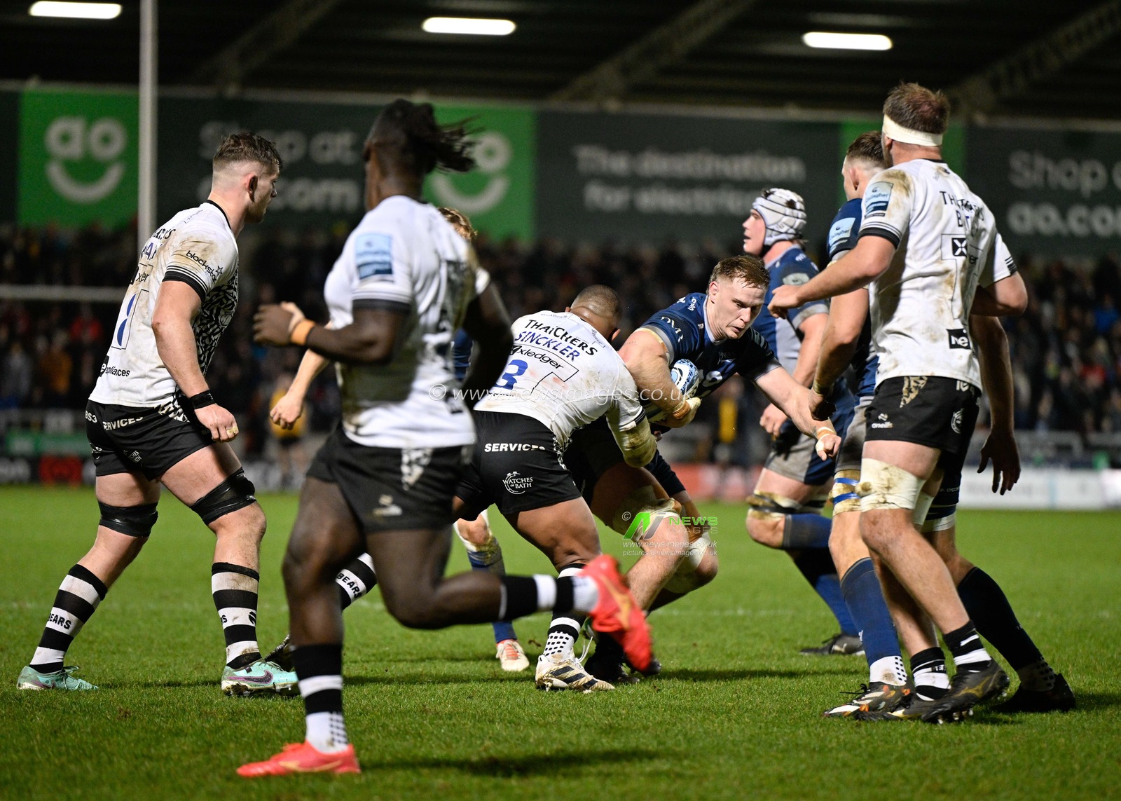 Nick Schonert of Sale Sharks gets tackled, during the Gallagher Premiership match Sale Sharks vs Bristol Bears at AJ Bell Stadium, Eccles, United Kingdom, 5th January 2024

(Photo by Cody Froggatt/News Images)