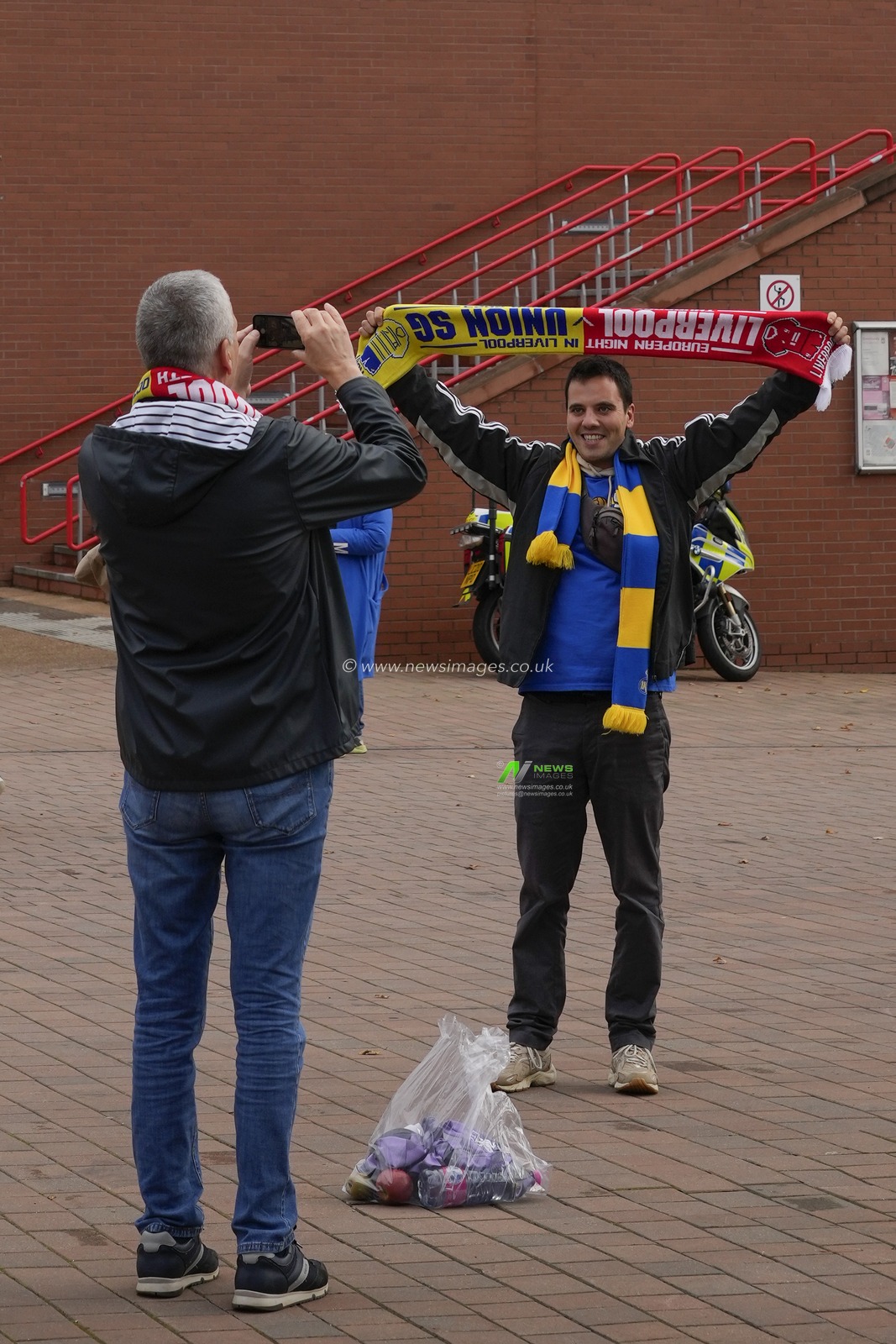 Union Saint-Gilloise fans take a photo before the UEFA Europa League match Liverpool vs Union Saint-Gilloise at Anfield, Liverpool, United Kingdom, 5th October 2023

(Photo by Steve Flynn/News Images)