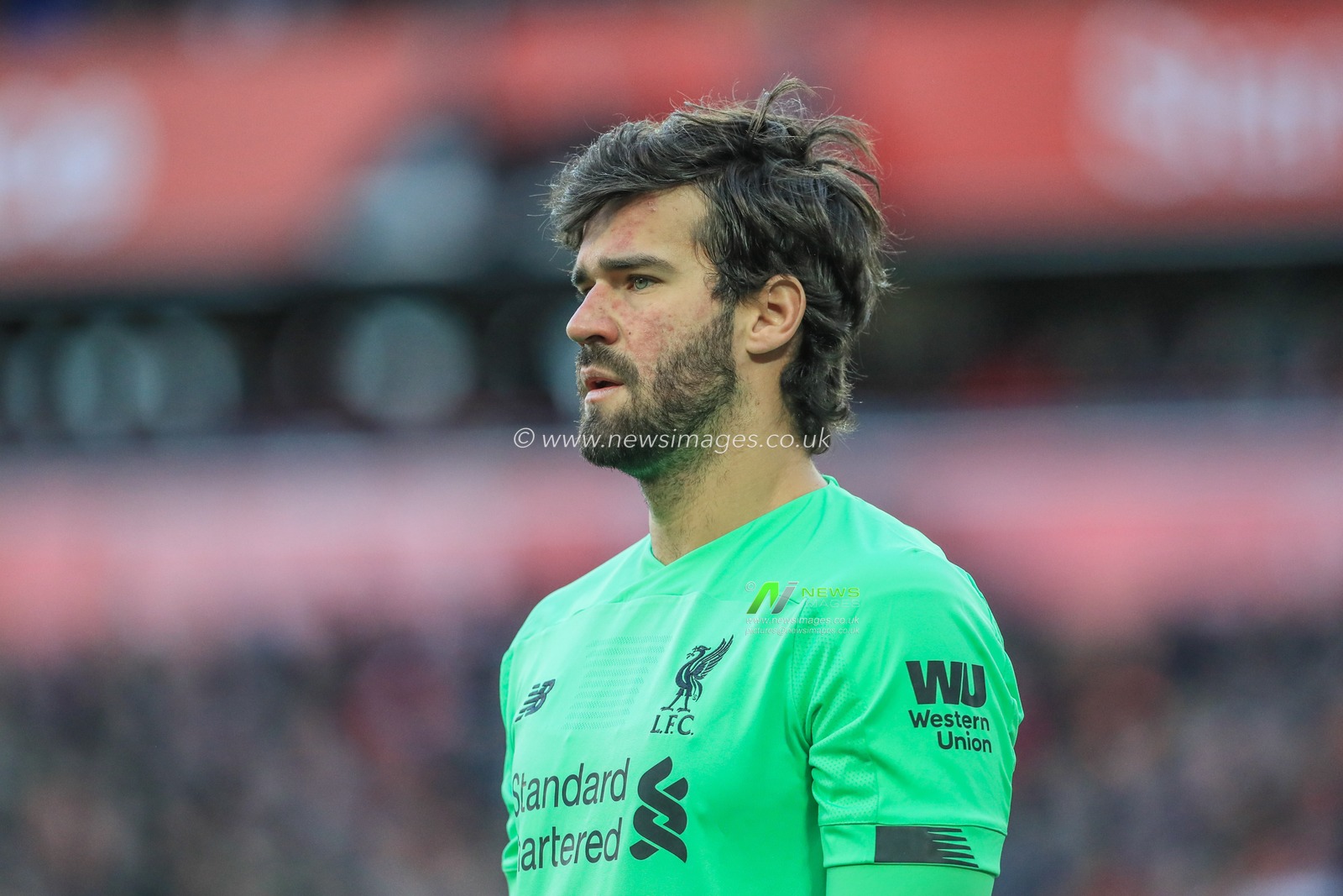 14th December 2019, Anfield, Liverpool, England; Premier League, Liverpool v Watford :  Alisson (1) of Liverpool during the game

Credit: Mark Cosgrove/News Images