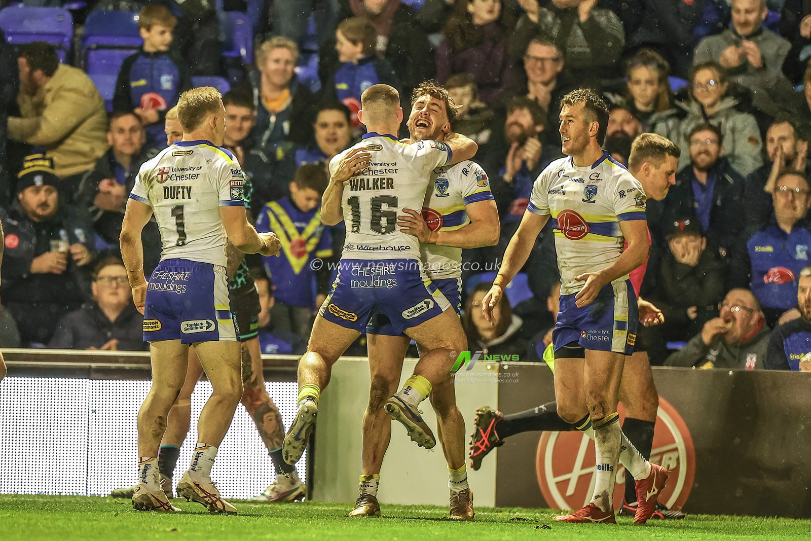 Matty Ashton #5 of Warrington Wolves celebrates his hat-trick of tries during the Betfred Super League Round 5 match Warrington Wolves vs Leigh Leopards at Halliwell Jones Stadium, Warrington, United Kingdom, 17th March 2023

(Photo by Mark Cosgrove/News Images)