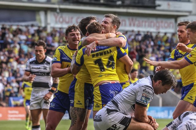 Sam Powell of Warrington Wolves celebrates his try during the Betfred Super League round 16 match Warrington Wolves vs Hull FC at Halliwell Jones Stadium, Warrington, United Kingdom, 28th June 2025

(Photo by Alfie Cosgrove/News Images)