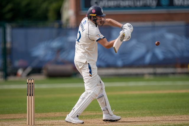 Zak Chappell cuts the ball for four during the County Championship Division Two Derbyshire v Gloucestershire at The Central Co-Op County Ground, Derby, United Kingdom on 26 April 2026

(Photo by Maynard Manyowa/News Images)