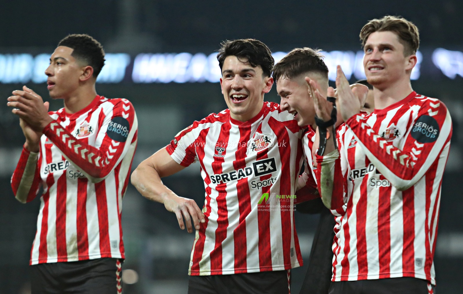 Jobe Bellingham of Sunderland, Luke O'Nien of Sunderland, Chris Rigg of Sunderland and Dennis Cirkin of Sunderland after the Sky Bet Championship match Derby County vs Sunderland at Pride Park Stadium, Derby, United Kingdom, 21st January 2025

(Photo by Sam Eaden/News Images) 