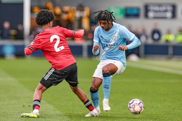 Reigan Heskey of Manchester City U18's is fouled by Yuel Helafu of Manchester United U18's  during the FA Youth Cup Final match Manchester City U18 vs Manchester United U18 at Joie Stadium, Manchester, United Kingdom on 14 May 2026

(Photo by Mark Cosgrove/News Images)