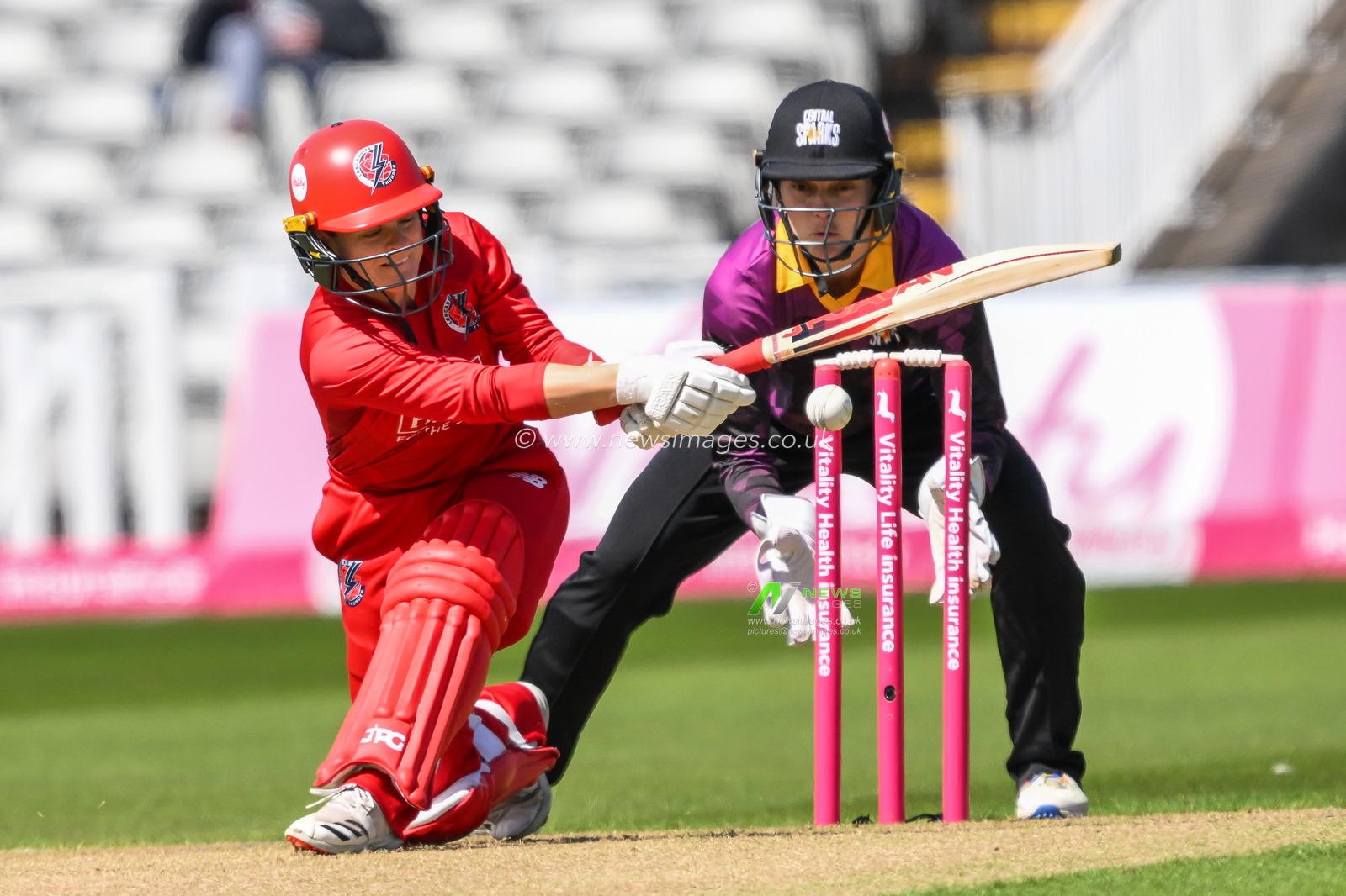 Katie Mack of Lancashire Thunder is bowled by Charis Pavely of Central Sparks during the Charlotte Edwards Cup match Central Sparks vs Lancashire Thunder at Edgbaston, Birmingham, United Kingdom, 14th June 2024

(Photo by Craig Thomas/News Images)