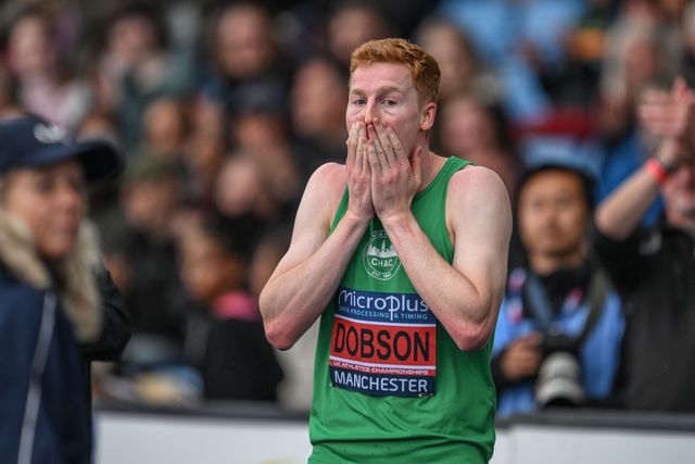 Charlie Dobson celebrates as he wins the mens 400m final and gets a place in the Olympics during the Microplus UK Athletics Championships Day 2 at Manchester Regional Arena, Manchester, United Kingdom, 30th June 2024

(Photo by Craig Thomas/News Images)