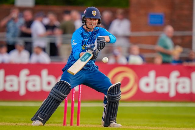 Aneurin Donald of Derbyshire attempts a ramp during the Vitality Blast T20 match between Derbyshire Falcons and Durham Cricket at The Central Co-Op County Ground, Derby, United Kingdom on 22 May 2026

(Photo by Maynard Manyowa/News Images)