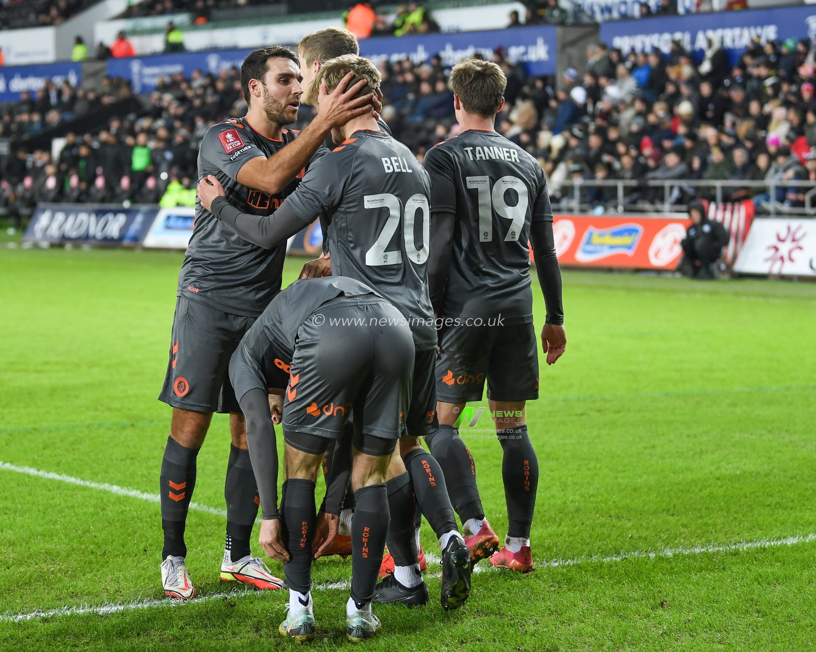 Mark Sykes #17 of Bristol City celebrates his goal with team mates to make it 0-1 during the Emirates FA Cup Third Round Replay match Swansea City vs Bristol City at Swansea.com Stadium, Swansea, United Kingdom, 17th January 2023

(Photo by Mike Jones/News Images)