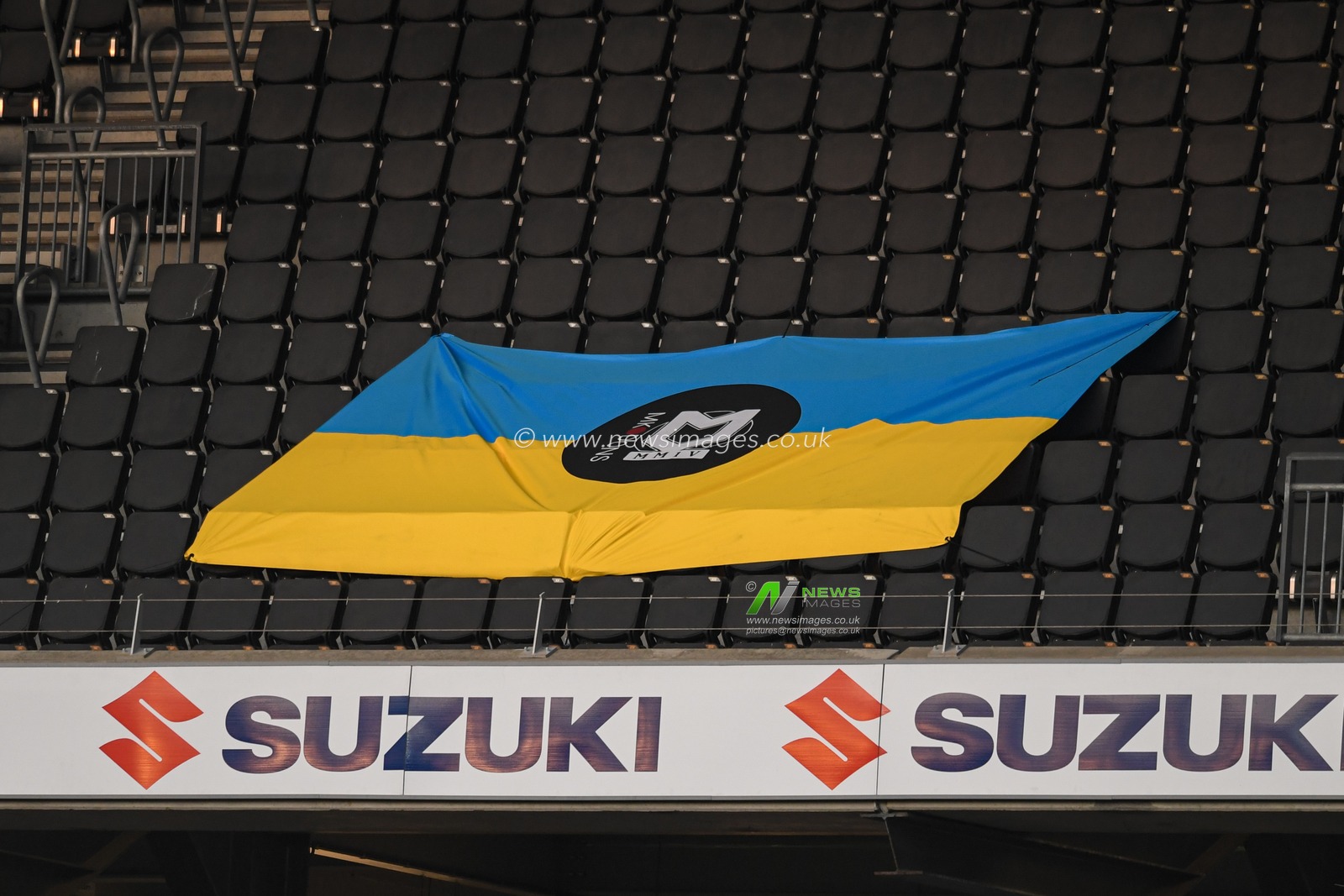 The Ukraine flag on display at Stadium MK to show solidarity with the people of Ukraine during the current conflict with Russia