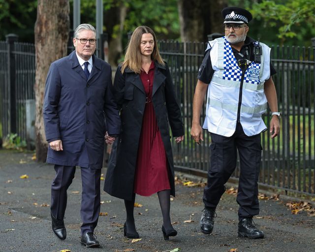 Sir Keir Starmer, Prime Minister of the United Kingdom of Great Britain and Northern Ireland and his wife Victoria, Lady Starmer attend the scene as they pay their respects during the Manchester synagogue terror attack day 2 at Heaton Park Shul, Manchester, United Kingdom, 3rd October 2025

(Photo by Mark Cosgrove/News Images)