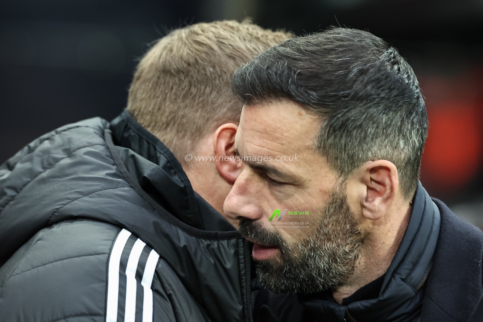 Ruud van Nistelrooy manager of Leicester City is treated by Eddie Howe manager of Newcastle United  during the Premier League match Newcastle United vs Leicester City at St. James's Park, Newcastle, United Kingdom, 14th December 2024

(Photo by Mark Cosgrove/News Images)