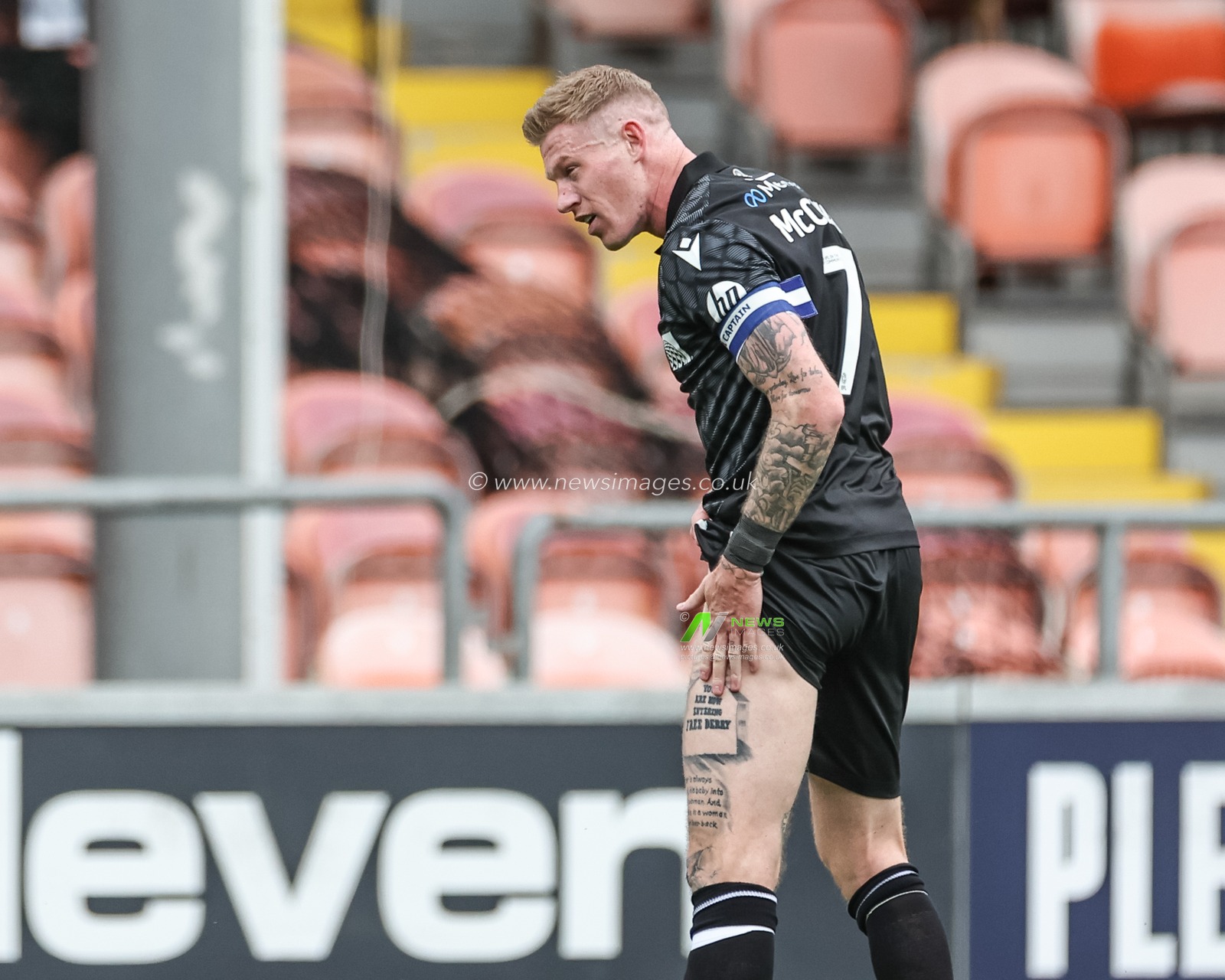 James McClean of Wrexham patâ€™s a tattoo on his leg and goads Blackpool fans after Wrexham go two goals up during the Sky Bet League 1 match Blackpool vs Wrexham at Bloomfield Road, Blackpool, United Kingdom, 21st April 2025

(Photo by Mark Cosgrove/News Images)