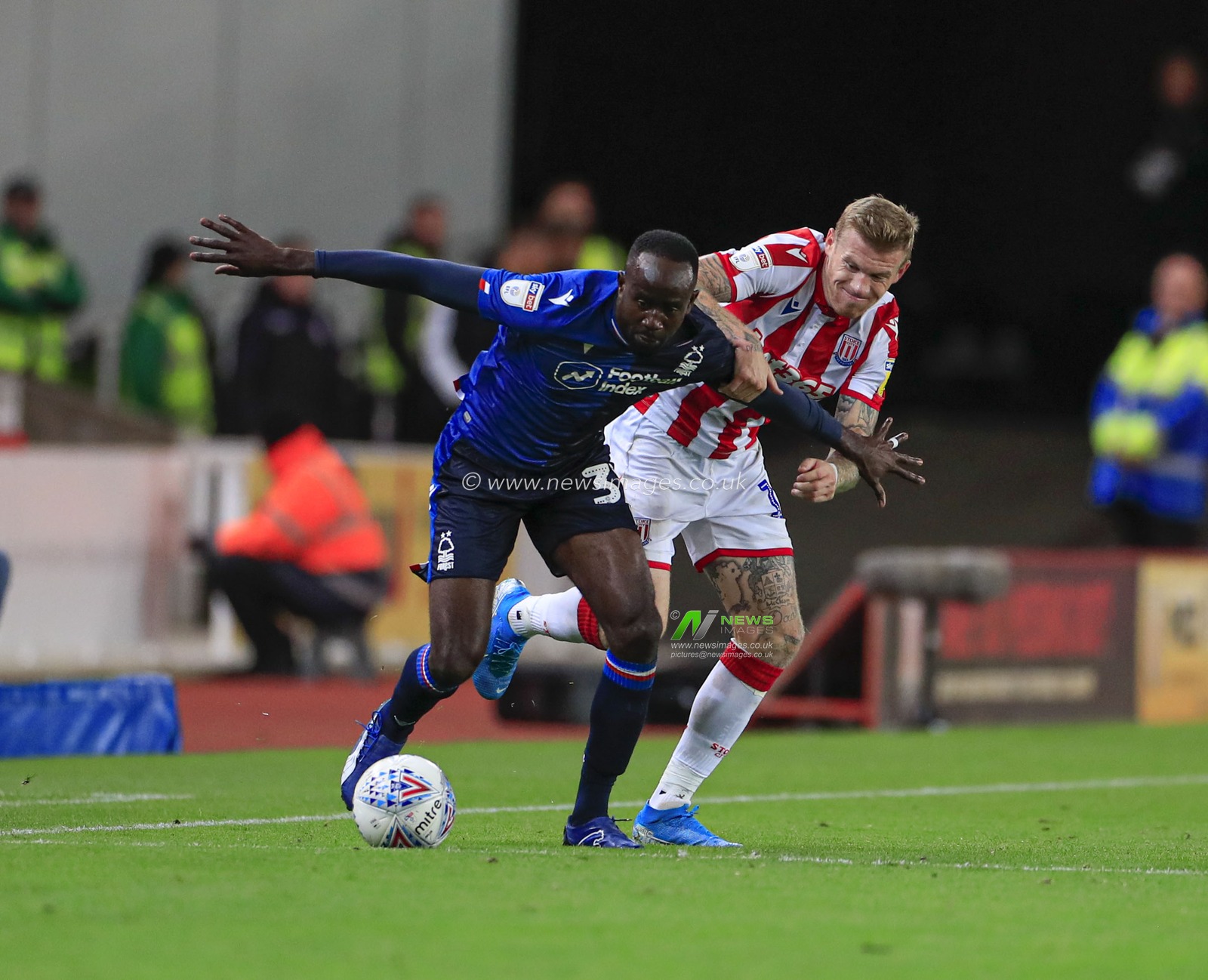 27th September 2019, Bet365 Stadium, Stoke-on-Trent, England; Sky Bet Championship, Stoke City v Nottingham Forest : Albert Adomah (37) of Nottingham Forest beats James McClean (11) of Stoke City to the ball

Credit: Conor Molloy/News Images