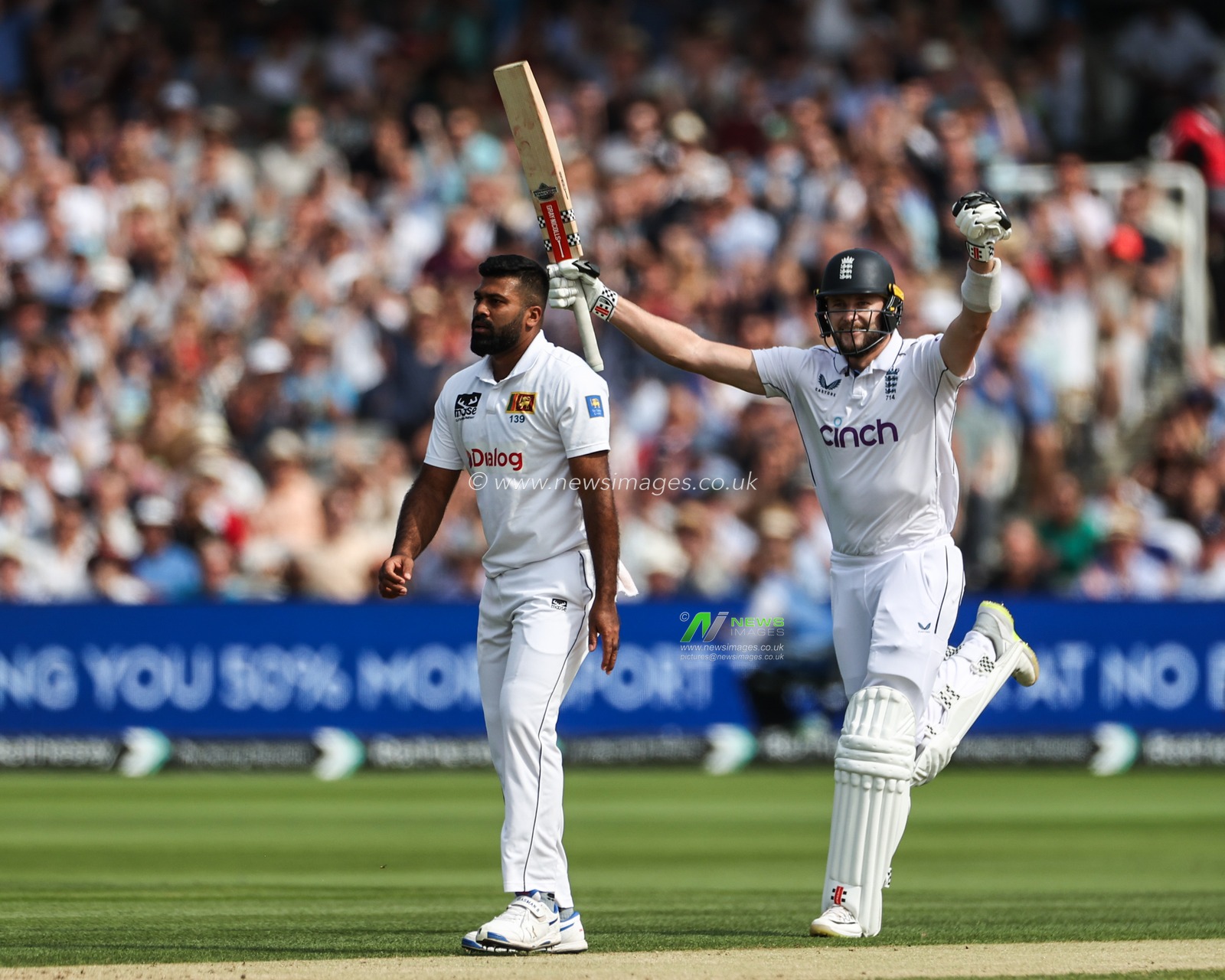Gus Atkinson of England celebrates his maiden century (100 runs) during the England v Sri Lanka 2nd Rothesay Test Match Day 2 at Lords, London, United Kingdom, 30th August 2024

(Photo by Mark Cosgrove/News Images)