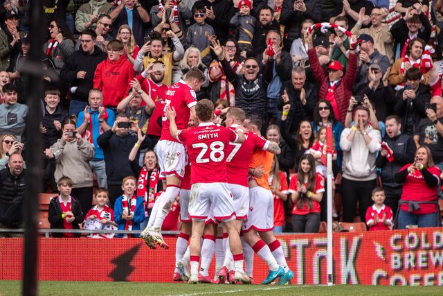 Wrexham players celebrate Jay Rodriguezâ€™ opening goal during the Sky Bet League 1 match Wrexham vs Stockport County at SToK Cae Ras, Wrexham, United Kingdom, 22nd March 2025

(Photo by Nik Mesney/News Images)