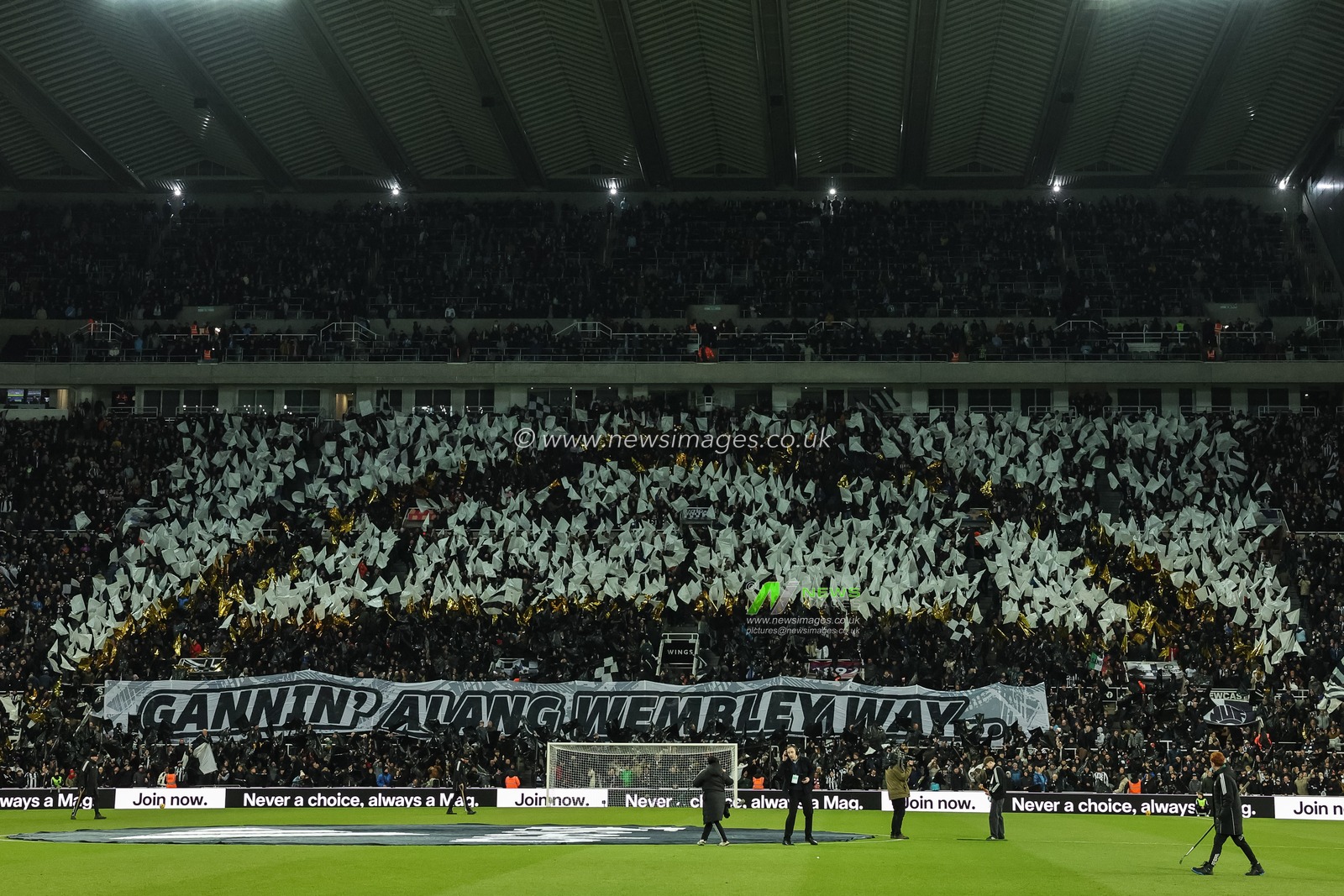Newcastle Unites fans wave flags during the Carabao Cup Semi-finals First Leg Newcastle United vs Manchester City at St. James's Park, Newcastle, United Kingdom, 13th January 2026

(Photo by Mark Cosgrove/News Images)