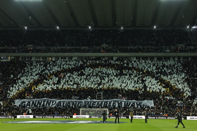 Newcastle Unites fans wave flags during the Carabao Cup Semi-finals First Leg Newcastle United vs Manchester City at St. James's Park, Newcastle, United Kingdom, 13th January 2026

(Photo by Mark Cosgrove/News Images)