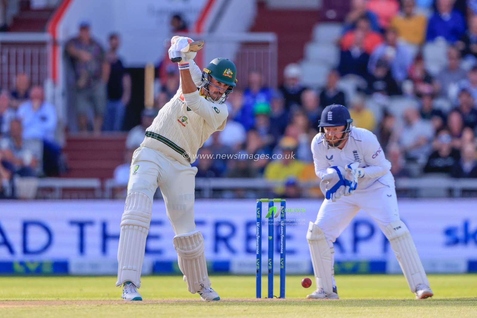 Mitchell Starc of Australia plays a shot during the LV= Insurance Ashes Fourth Test Series Day One England vs Australia at Old Trafford, Manchester, United Kingdom, 19th July 2023

(Photo by Conor Molloy/News Images)