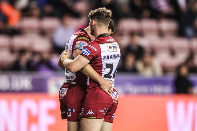 Jai Field of Wigan Warriors celebrates his try to make it 10-0 during the Betfred Super League Round 26 match Wigan Warriors vs Castleford Tigers at The Brick Community Stadium, Wigan, United Kingdom, 12th September 2025

(Photo by Alfie Cosgrove/News Images)