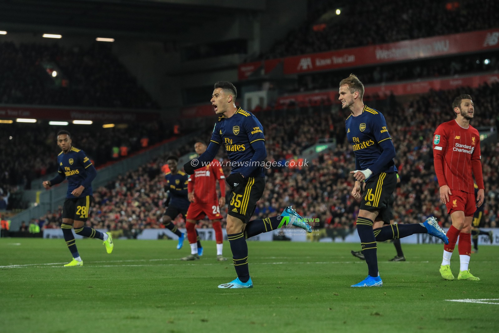 30th October 2019, Anfield, Liverpool, England; Carabao Cup, Liverpool v Arsenal : Gabriel Martinelli (35) of Arsenal celebrates his goal to make it 1-2

Credit: Mark Cosgrove/News Images