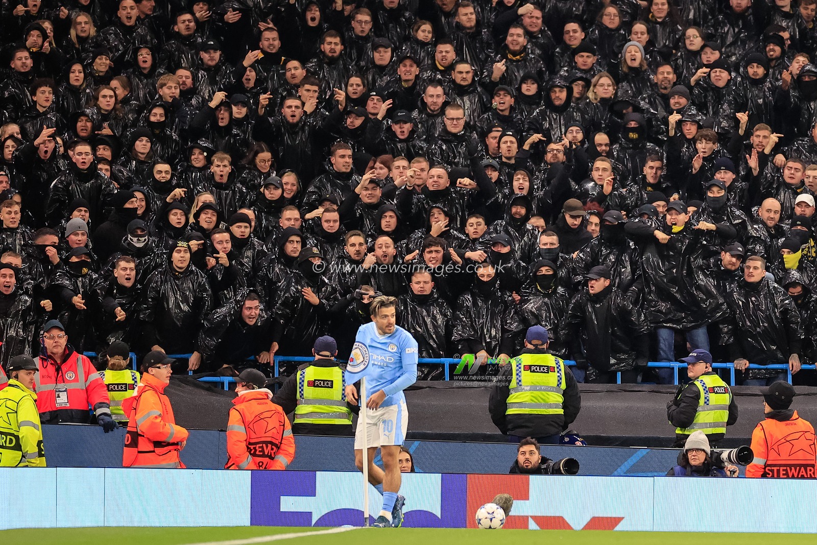 Jack Grealish #10 of Manchester City receives a cold welcome from the Young Boyâ€™s fans during the UEFA Champions League match Manchester City vs Young Boys at Etihad Stadium, Manchester, United Kingdom, 7th November 2023

(Photo by Conor Molloy/News Images)
