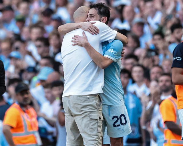 Pep Guardiola manager of Manchester City embraces Bernardo Silva of Manchester City after he’s substituted off during the Premier League match Manchester City vs Aston Villa at Etihad Stadium, Manchester, United Kingdom on 24 May 2026

(Photo by Mark Cosgrove/News Images)