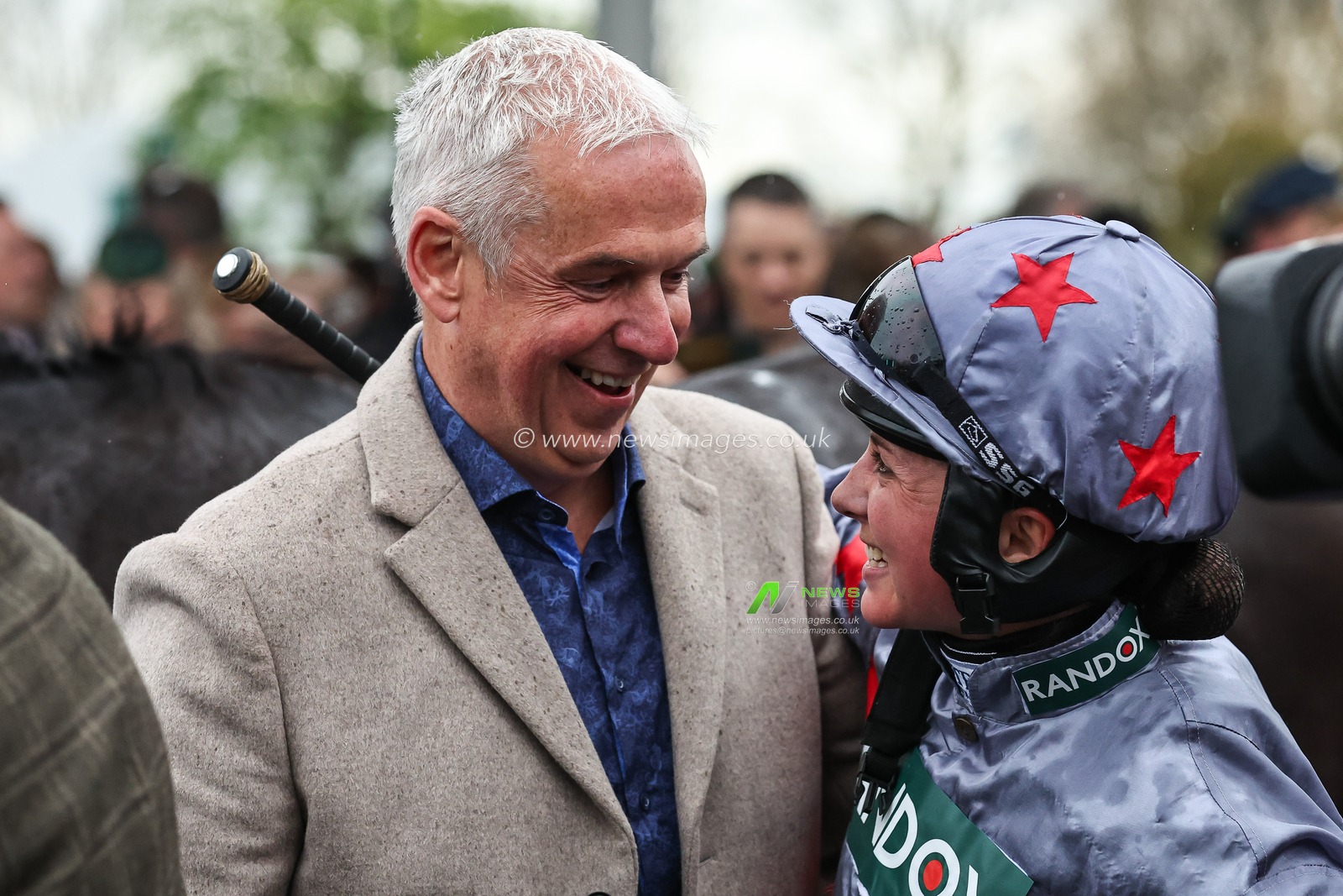 Bryony Frost chats to horse owner Mr Andy Peake after winning the 4.40pm The Close Brothers Red Rum Handicap Steeple Chase (Class 1) during the Randox Grand National 2024 Opening Day at Aintree Racecourse, Liverpool, United Kingdom, 11th April 2024

(Photo by Mark Cosgrove/News Images)