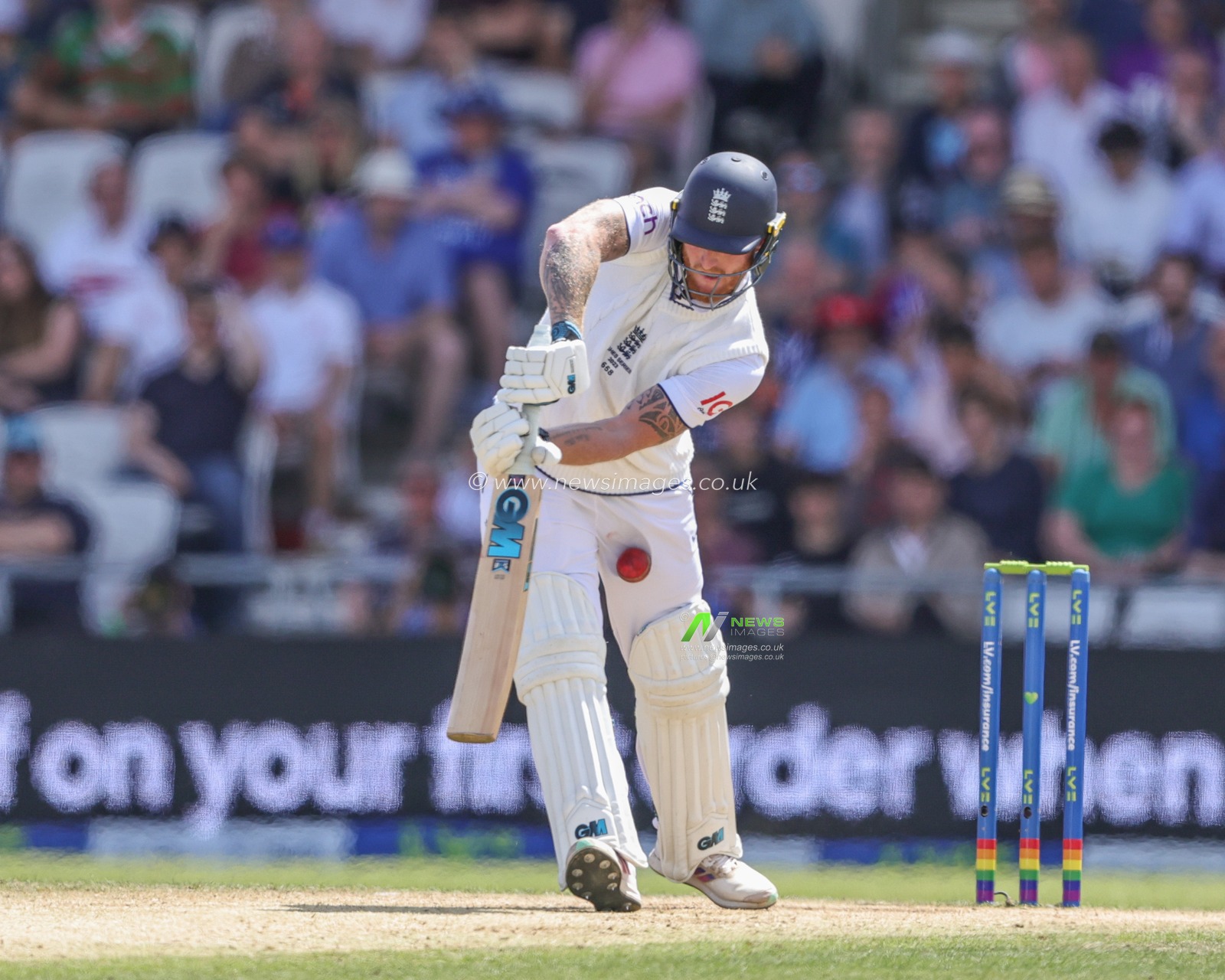 Ben Stokes of England hits the ball into his groin and puts him on the floor during the LV= Insurance Ashes Third Test Series Day 4 England vs Australia at Headingley Stadium, Leeds, United Kingdom, 9th July 2023

(Photo by Mark Cosgrove/News Images)