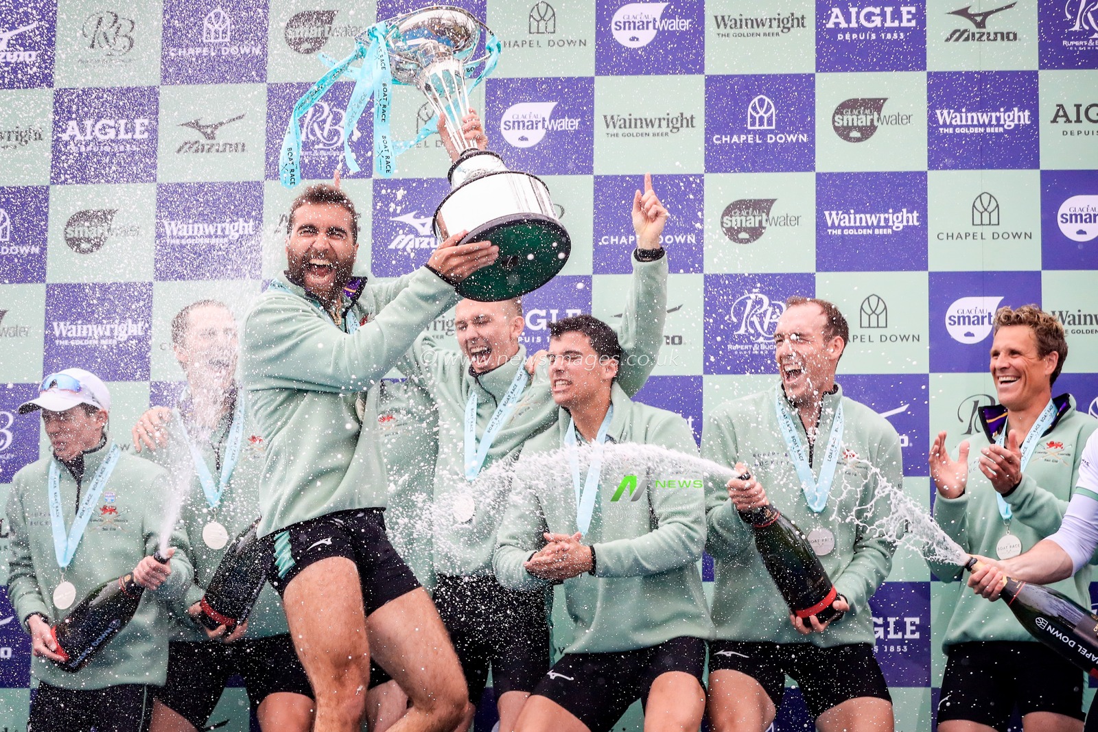 7th April 2019 , River Thames, London, England ; The Boat Race 2019, Menâ€™s race ; Cambridge captain Dara Alizadeh celebrates with the trophy after beating Oxford.



Credit Georgie Kerr/News Images